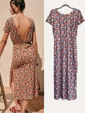 SEZANE Red Yellow Blue Floral Printed V Open Back Midi Maxi Cotton Luce Dress